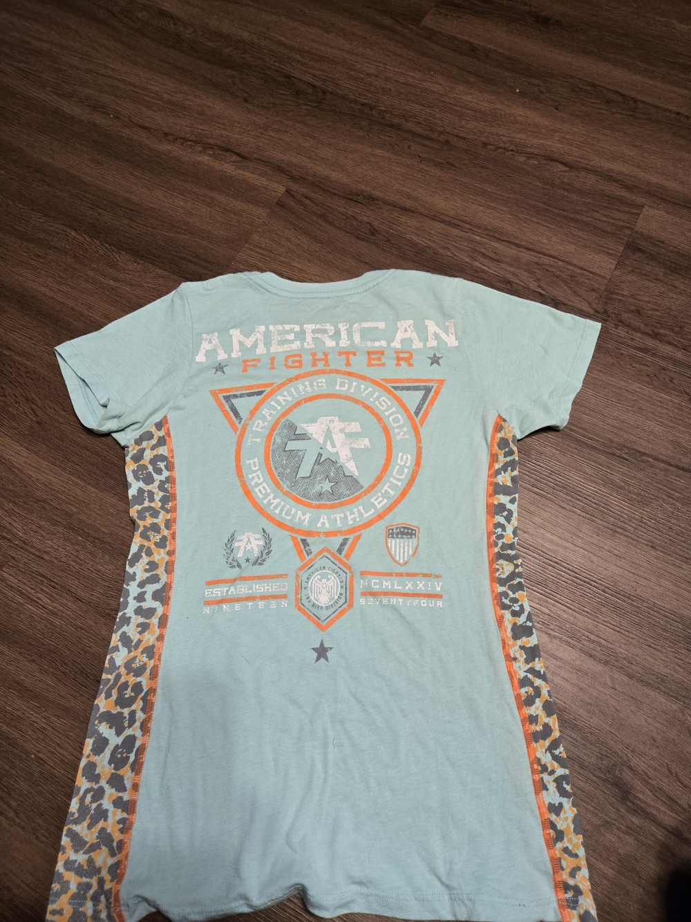 American Fighter Aqua Tee with Orange and Leopard Side Panels Medium